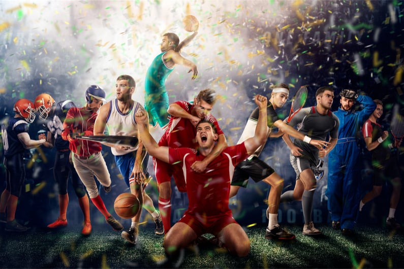 Successful football, soccer, basketball, baseball, tennis players, cars, boxing fighters on professional 3D basketball court arena with confetti